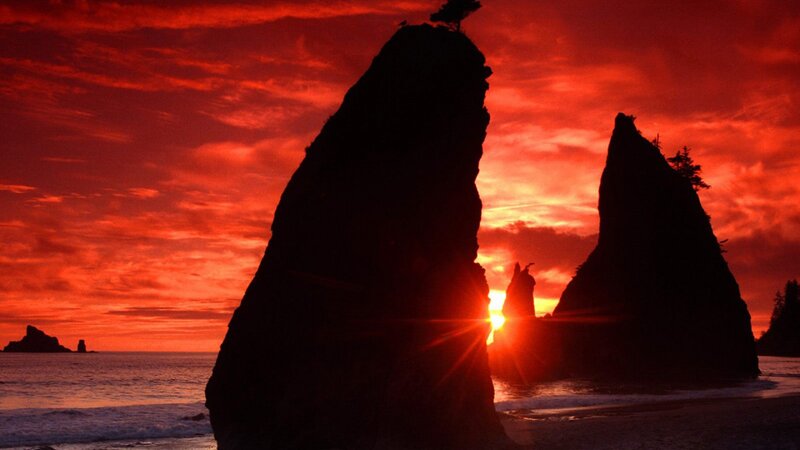 Silhouetted Sea Stacks — Red, Dramatic, Sunset