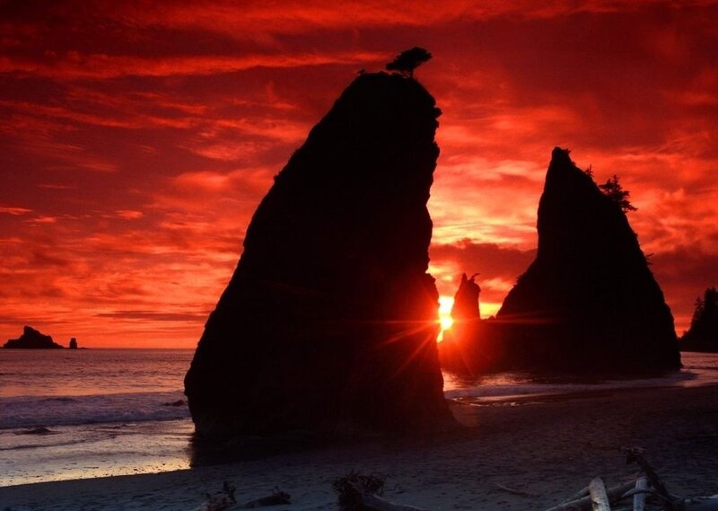 Silhouetted Sea Stacks — Red, Dramatic