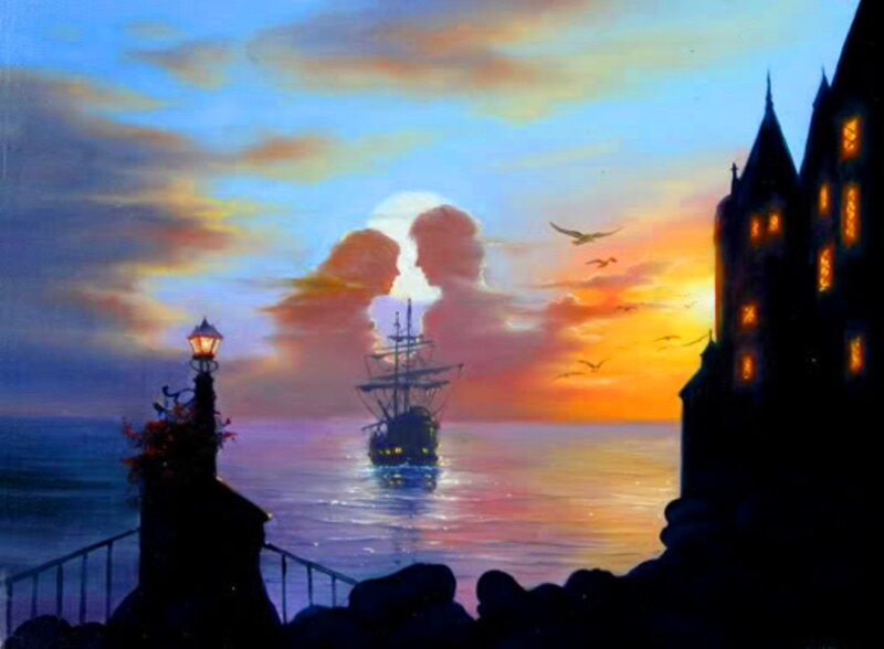 Silhouetted Ship at Sea