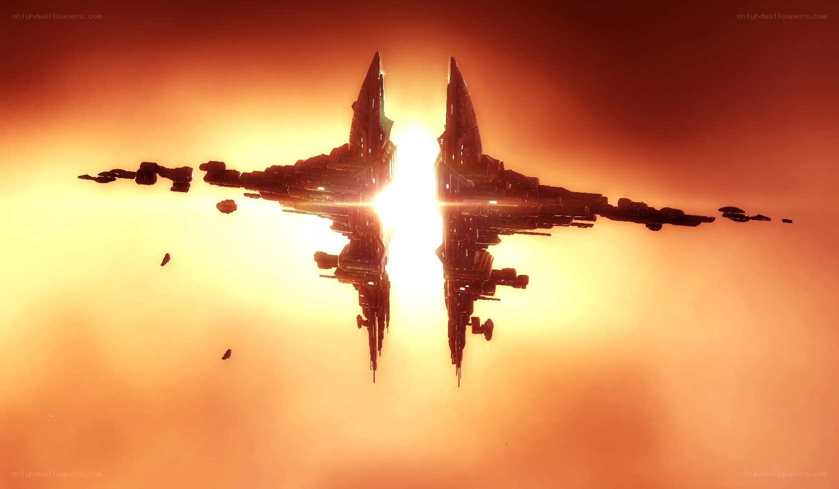 Silhouetted spaceships at sunrise