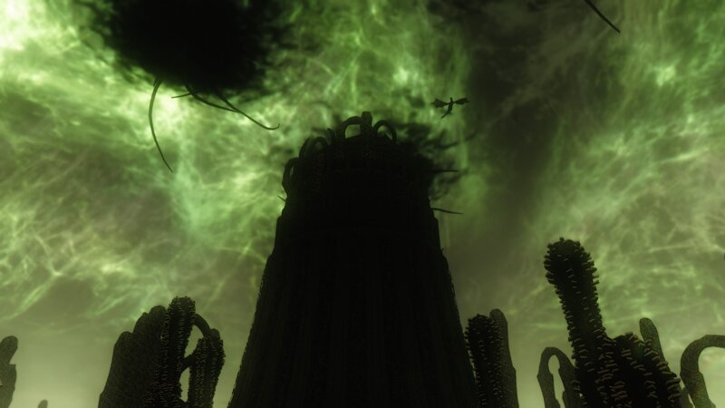 Silhouetted Tower in Green Mist