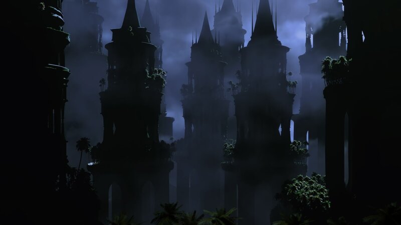 Silhouetted Towers in Fog — Black, Mysterious