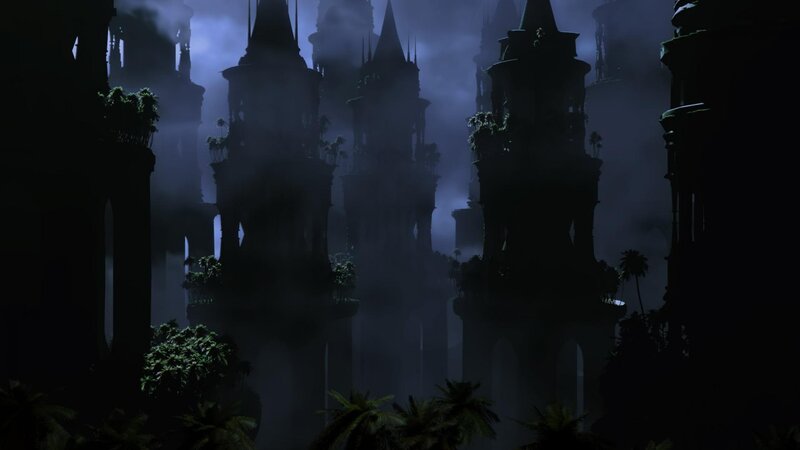Silhouetted Towers in Fog — Black