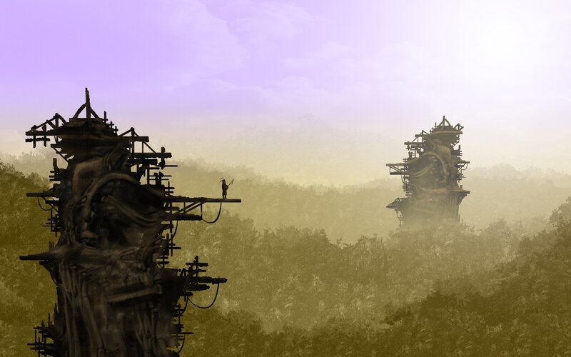 Silhouetted towers in mist
