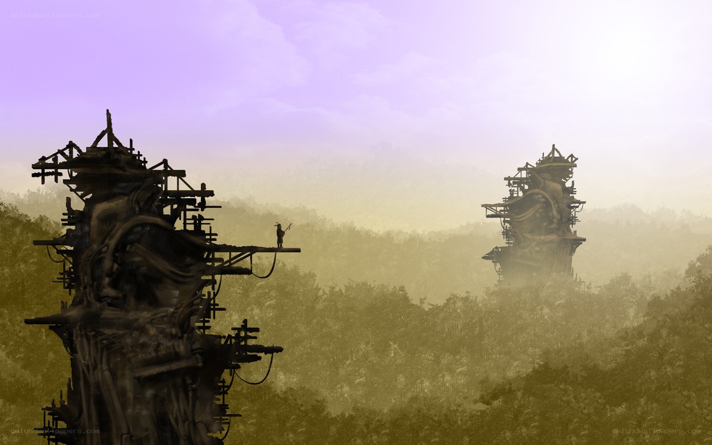 Silhouetted towers in mist