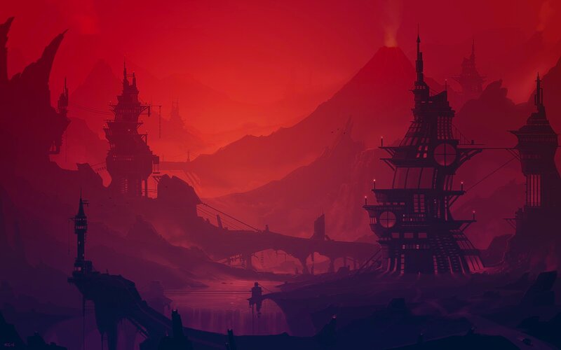 Silhouetted Towers in Red Landscape — Dramatic