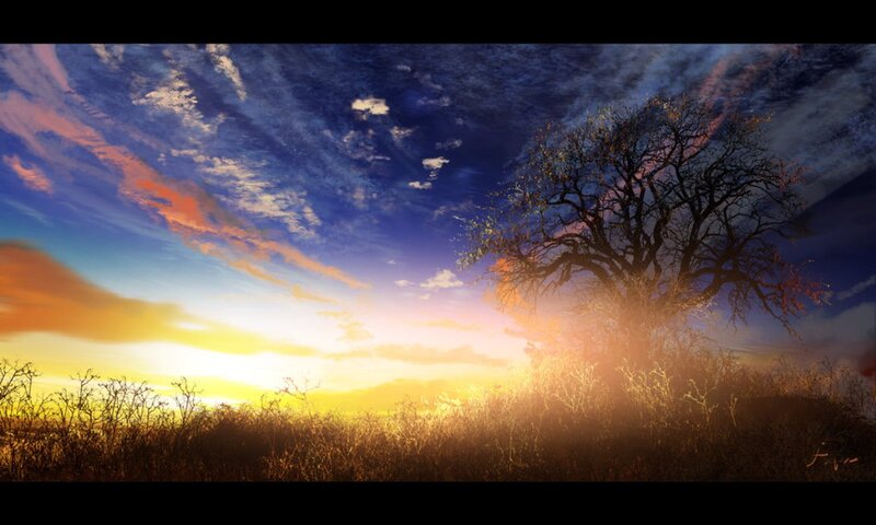 Silhouetted Tree at Sunset — Blue, Dramatic, Digital Art