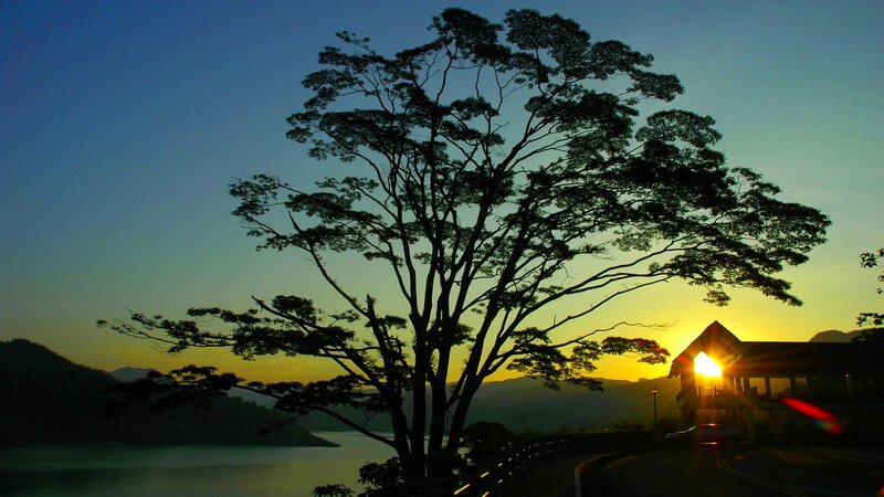 Silhouetted Tree at Sunset — Blue, Serene, Photograph, Mountains