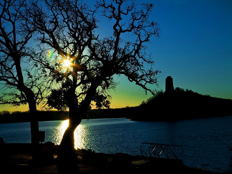 Silhouetted Tree at Sunset — Blue, Serene, Photograph