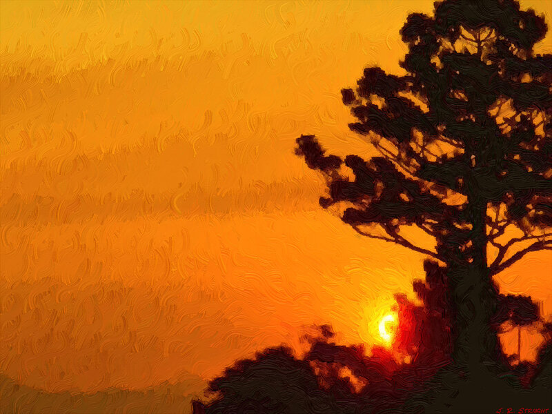 Silhouetted Tree at Sunset — Orange, Dramatic, Digital Art, Sun