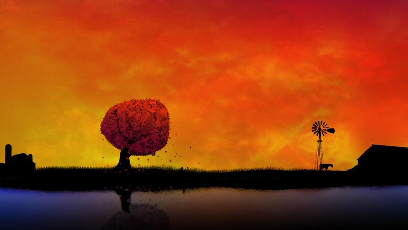 Silhouetted Tree at Sunset — Orange, Dramatic, Digital Art, Windmill, Barn
