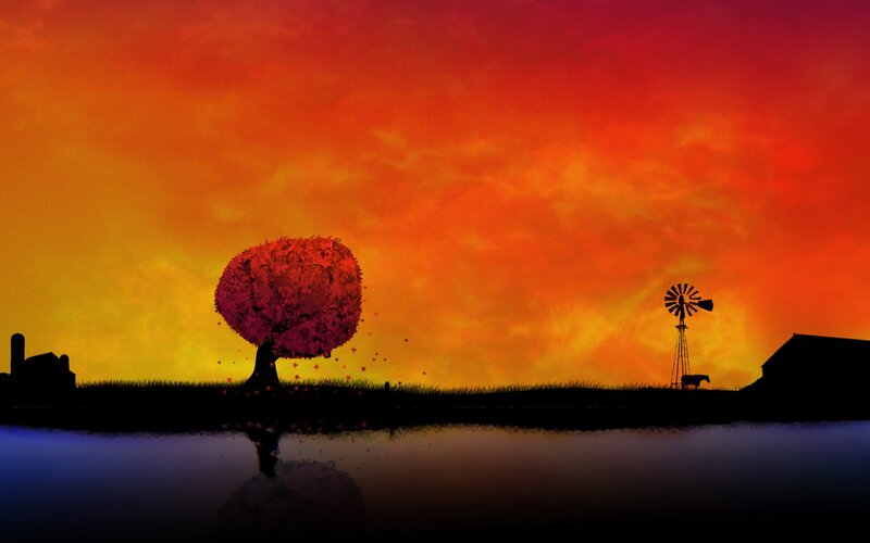 Silhouetted Tree at Sunset — Orange, Dramatic, Digital Art, Windmill