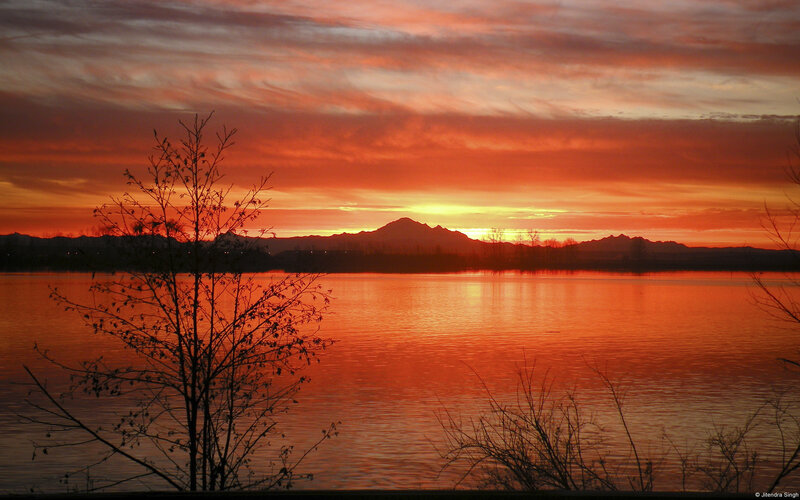 Silhouetted Tree at Sunset — Orange, Dramatic, Photograph, Lake, Mountain