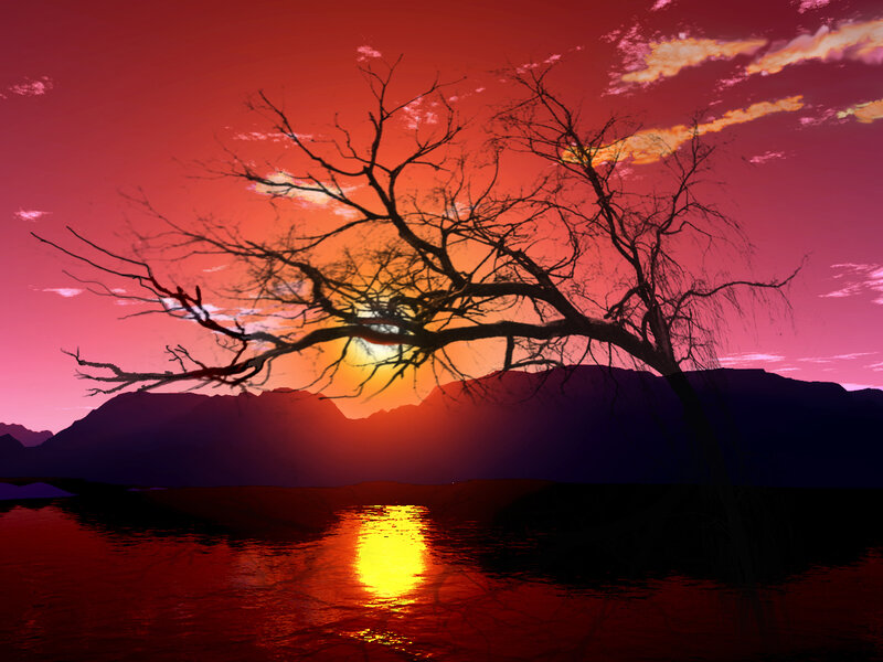 Silhouetted Tree at Sunset — Red, Dramatic, Digital Art, Mountains