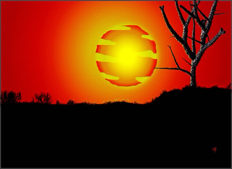 Silhouetted Tree at Sunset — Red, Dramatic, Digital Art, Sun, Sky