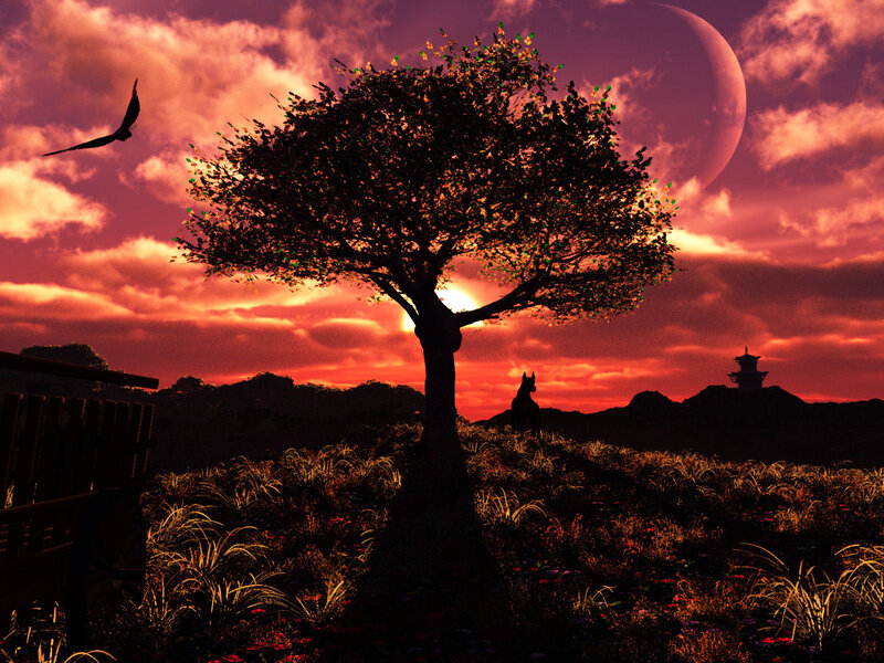 Silhouetted Tree at Sunset — Red, Dramatic, Digital Art