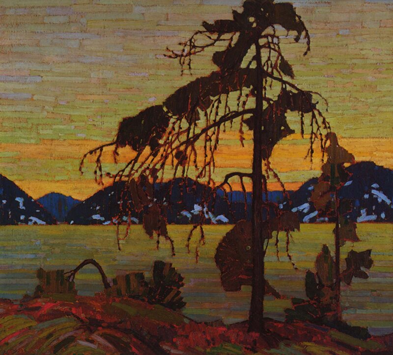 Silhouetted Tree at Sunset — Yellow, Serene, Painting