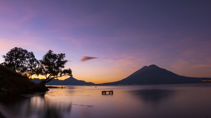 Silhouetted Tree by Lake — Purple, Serene, Sunset