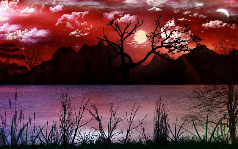 Silhouetted Tree by Lake — Red