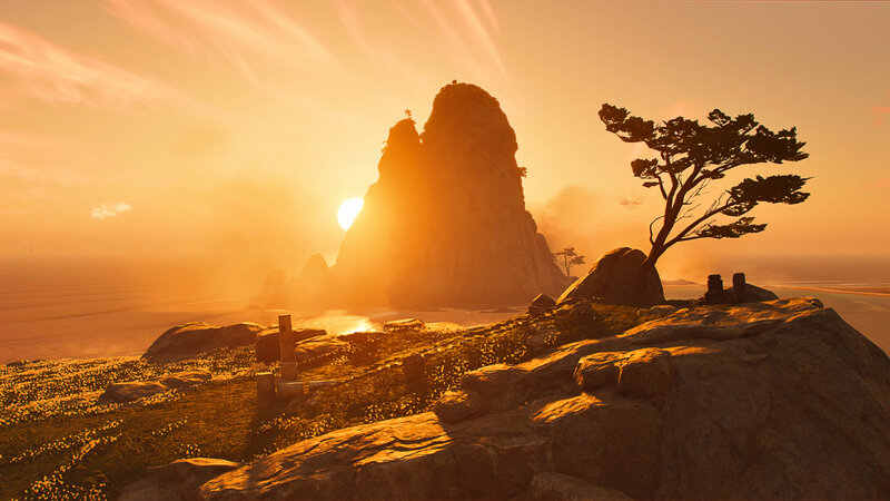 Silhouetted Tree on Cliff — Orange, Serene