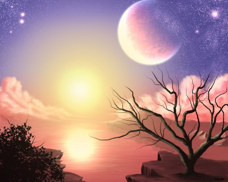 Silhouetted Tree on Cliff — Purple
