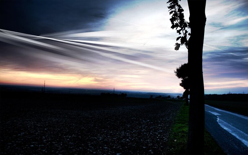 Silhouetted Tree on Road — Blue, Dramatic