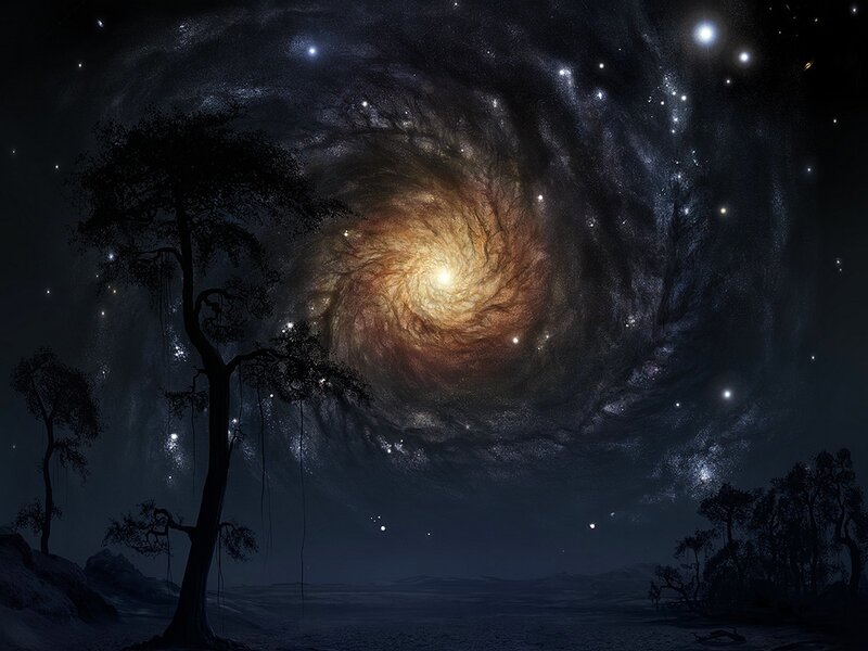 Silhouetted Tree under Galaxy — Black