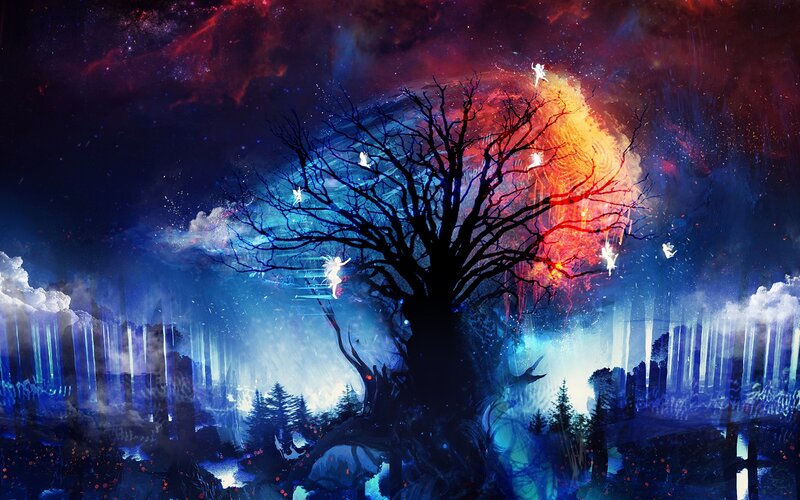 Silhouetted Tree with Fairies