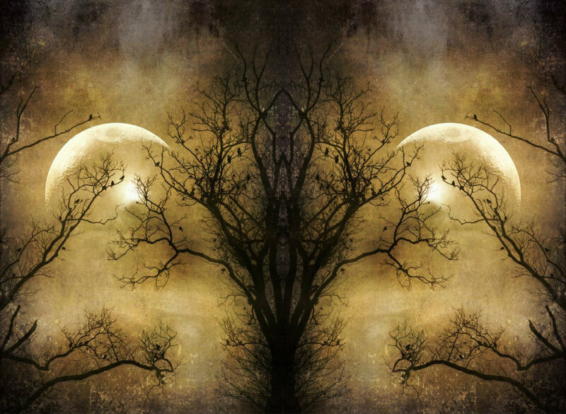Silhouetted Tree with Moons