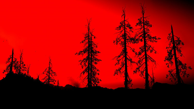 Silhouetted Trees at Dusk — Red, Dramatic, Sunset, Digital Art