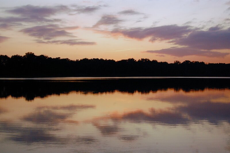 Silhouetted Trees at Lake — Orange, Serene, Sunset, Photograph, Sky, Clouds