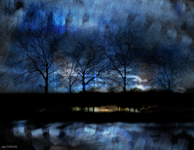 Silhouetted Trees at Night — Blue, Dark, Digital Art, Sky