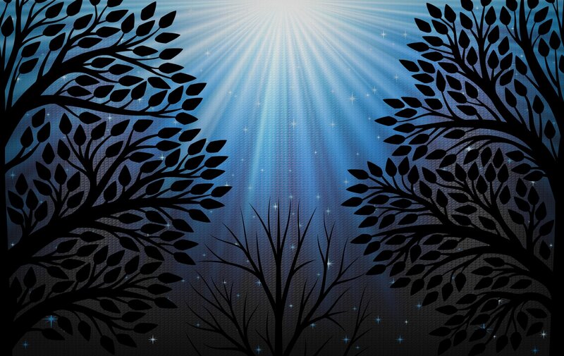 Silhouetted Trees at Night — Blue, Serene, Digital Art