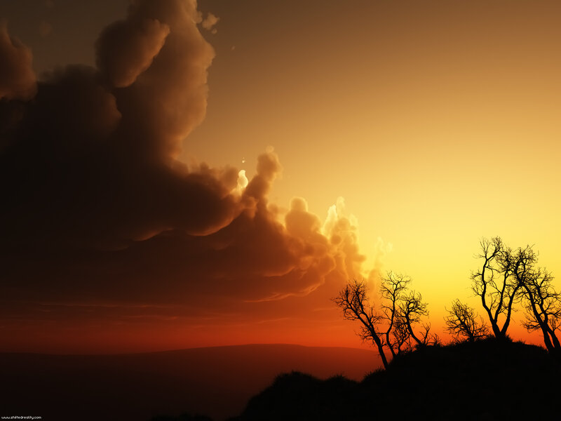 Silhouetted Trees at Sunset — Orange, Dramatic, Digital Art, Clouds, Sky, Hill