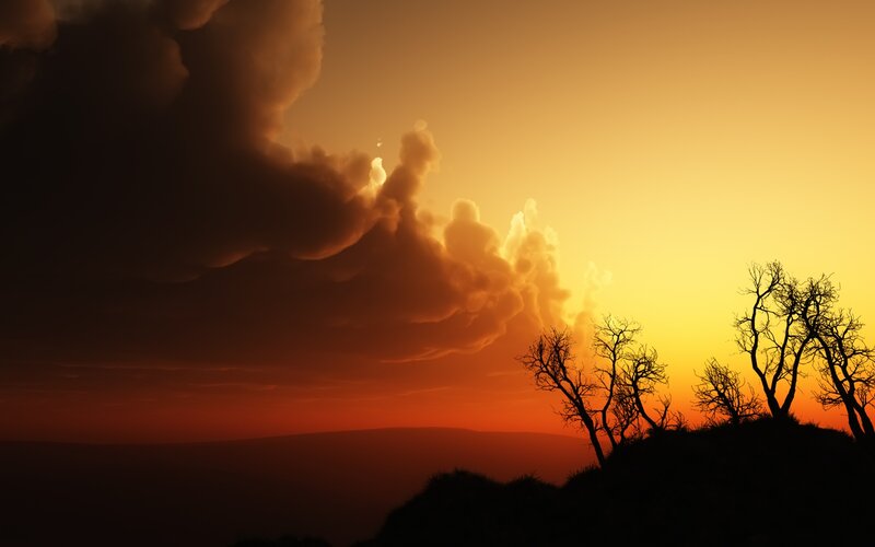 Silhouetted Trees at Sunset — Orange, Dramatic, Digital Art, Clouds, Sky, Hills