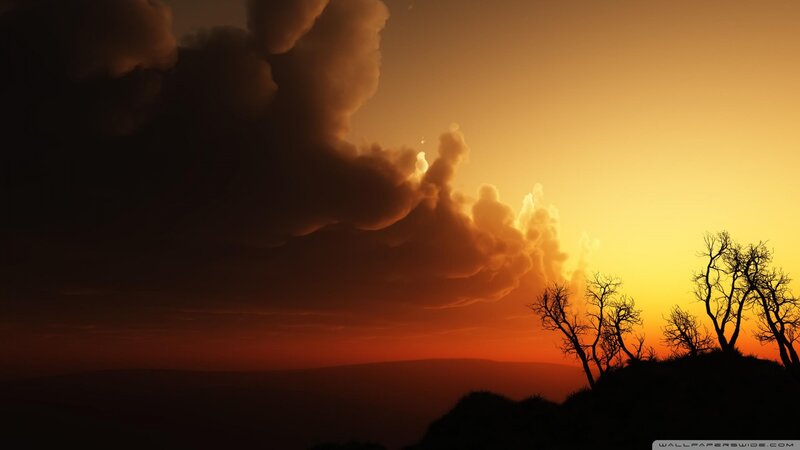 Silhouetted Trees at Sunset — Orange, Dramatic, Digital Art, Clouds, Sky