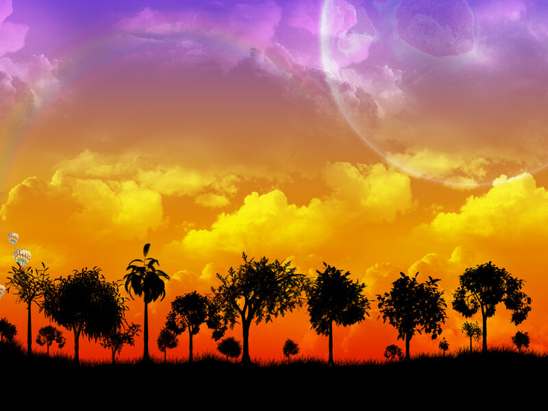 Silhouetted Trees at Sunset — Orange, Dramatic, Digital Art, Hot Air Balloons