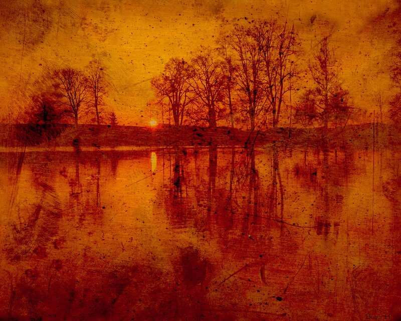 Silhouetted Trees at Sunset — Orange, Dramatic, Digital Art, River