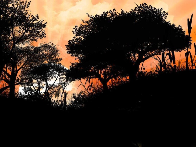Silhouetted Trees at Sunset — Orange, Dramatic, Digital Art, Sky