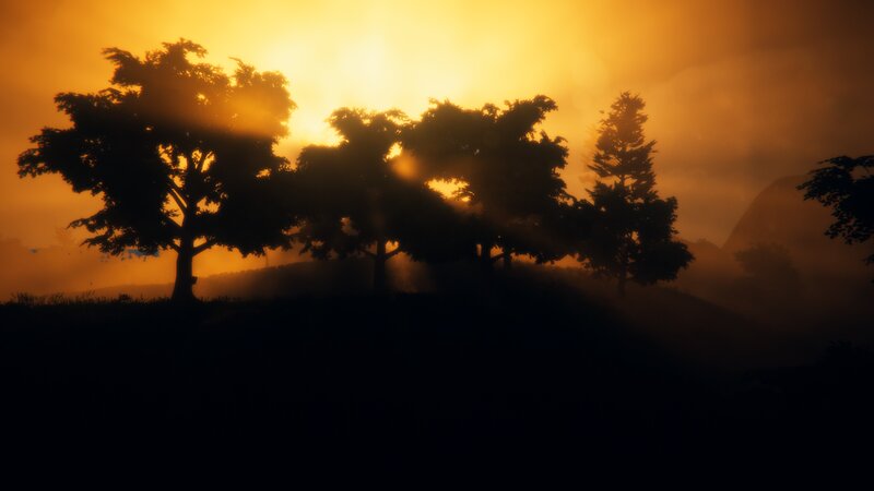 Silhouetted Trees at Sunset — Orange, Serene, 3d Render, Hills