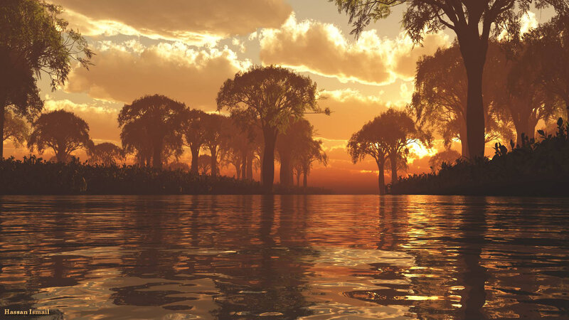 Silhouetted Trees at Sunset — Orange, Serene, Digital Art, River