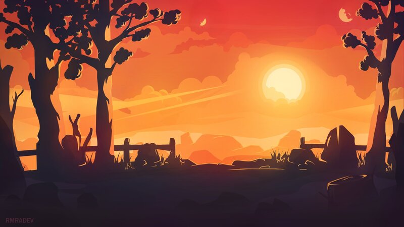 Silhouetted Trees at Sunset — Orange, Serene, Digital Art, Sun, Clouds