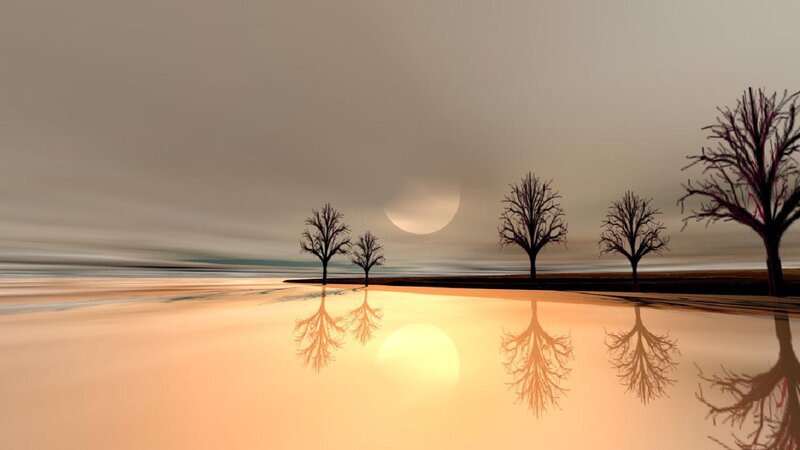 Silhouetted Trees at Sunset — Orange, Serene, Digital Art, Sun, Reflection