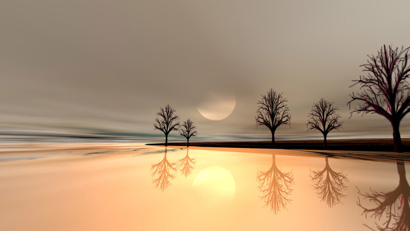 Silhouetted Trees at Sunset — Orange, Serene, Digital Art, Sun