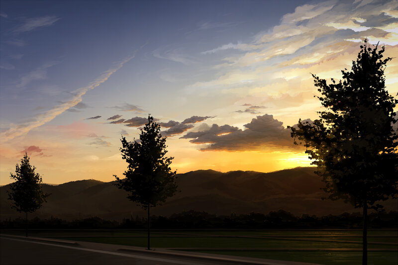 Silhouetted Trees at Sunset — Orange, Serene, Digital Art