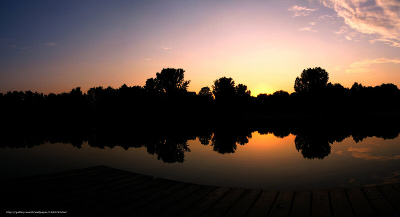 Silhouetted Trees at Sunset — Orange, Serene, Photograph, Dock