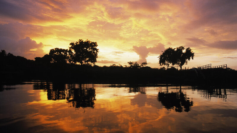Silhouetted Trees at Sunset — Orange, Serene, Photograph, River