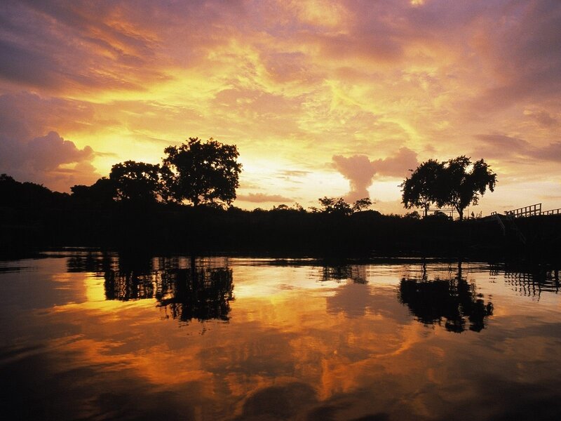 Silhouetted Trees at Sunset — Orange, Serene, Photograph, Sky, River