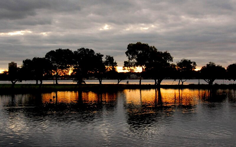 Silhouetted Trees at Sunset — Orange, Serene, Photograph, Water, Sky, Building