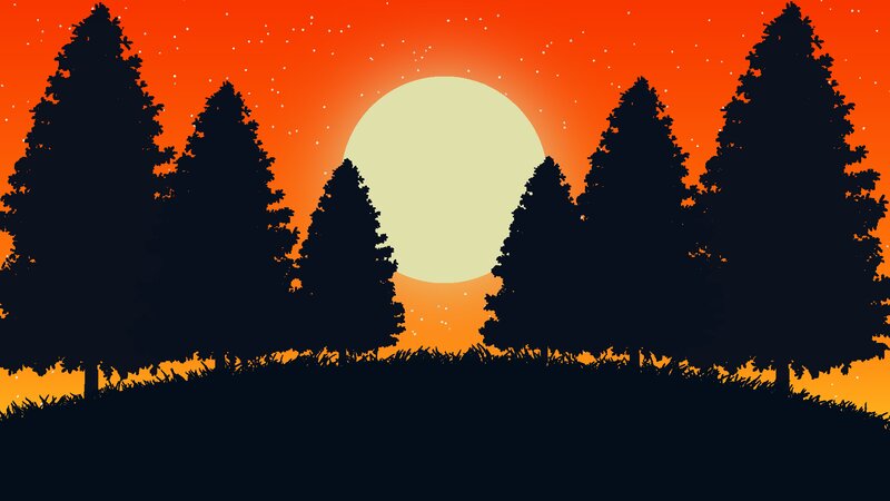 Silhouetted Trees at Sunset — Orange, Serene, Vector Art